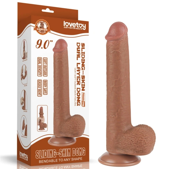 Dildo z Przyssawką Sliding Skin Dual Layer Brown Lovetoy 22,9 Cm | 100% ORYGINAŁ| DYSKRETNA PRZESYŁKA